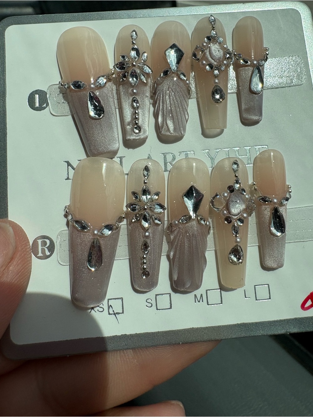 Silver-Embellished Nude Press-On Nail Set - Women Makeup
